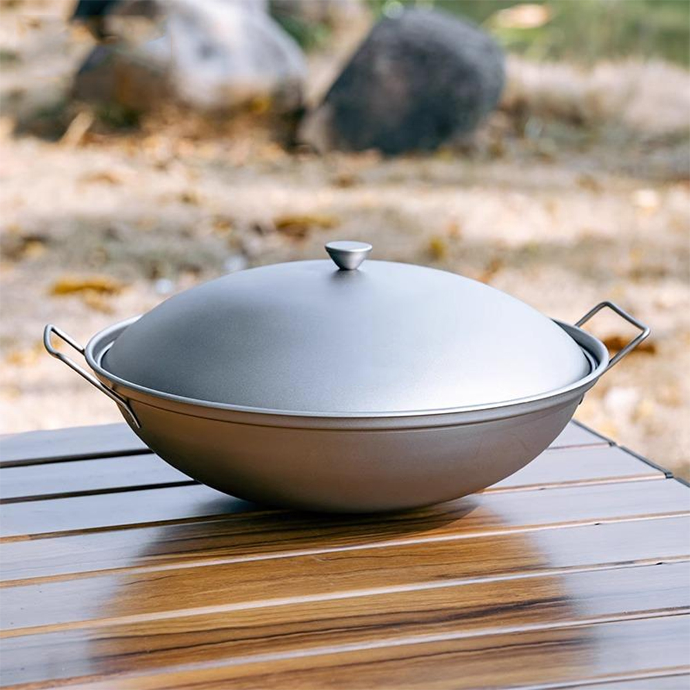 Camping Cooking Wok - Titanium Wok Pan with Lid Double