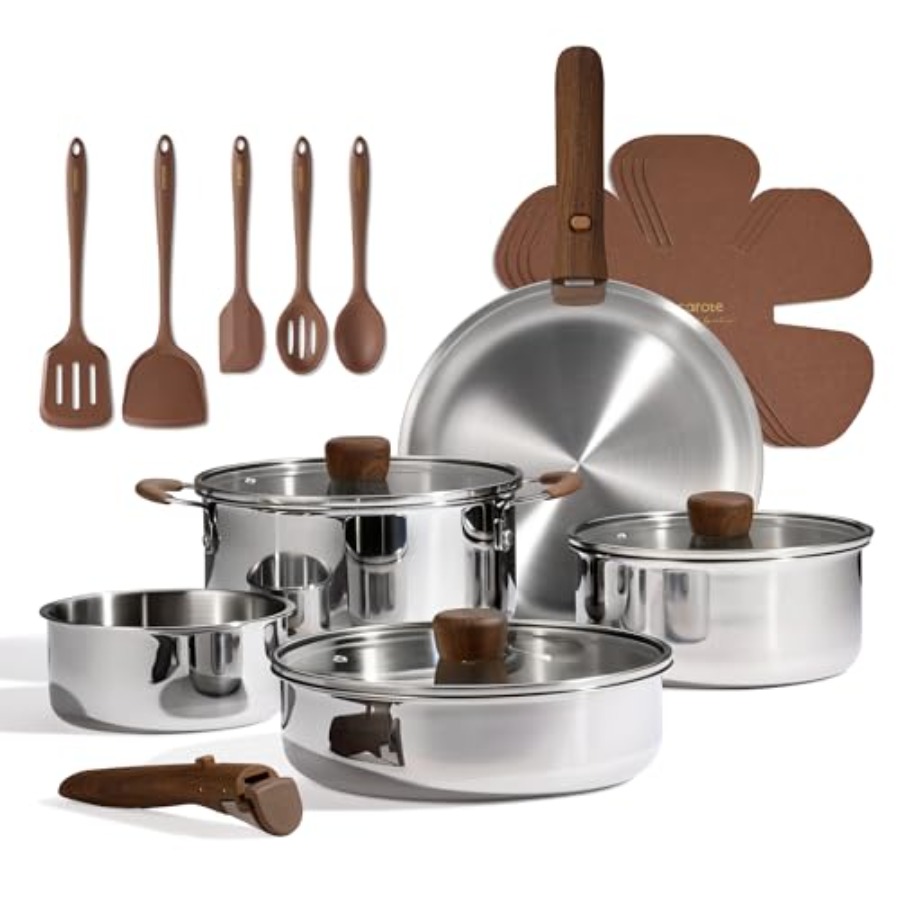 Camping Cooking Set Detachable Handle - 19pcs Stainless Steel Cookware Set with