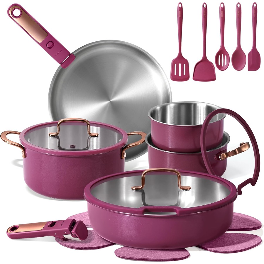 Camping Cooking Set Detachable Handle - 19pcs TriPly Stainless Steel Cookware Set