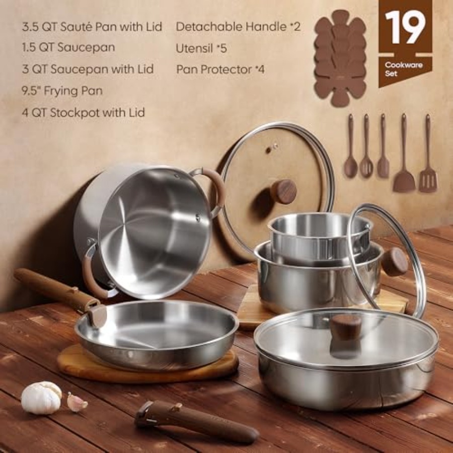 19pcs Stainless Steel Cookware - Camping Cooking Set Detachable Handle のレビューと価格