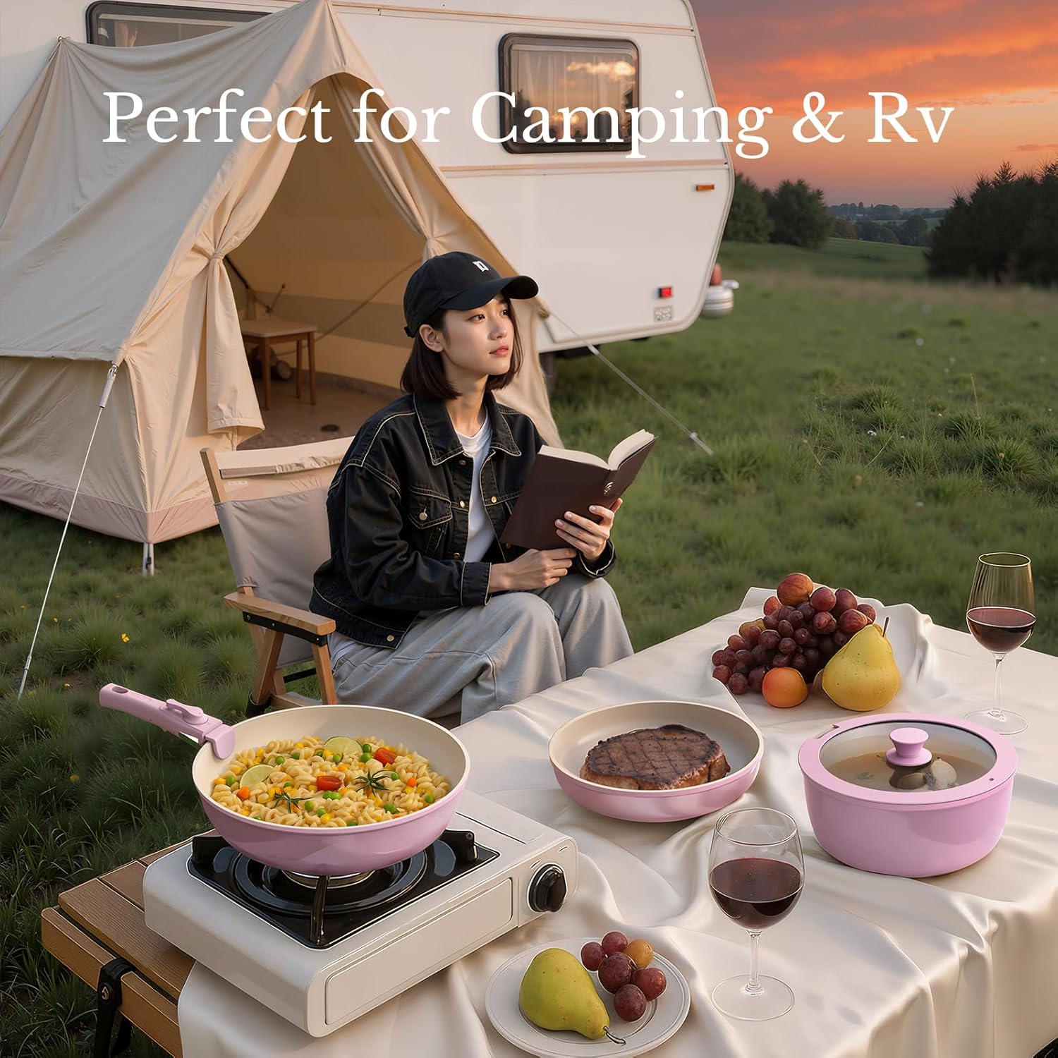 Pots and Pans Set Non Stick, C - Camping Cooking Set Detachable Handle のレビューと価格