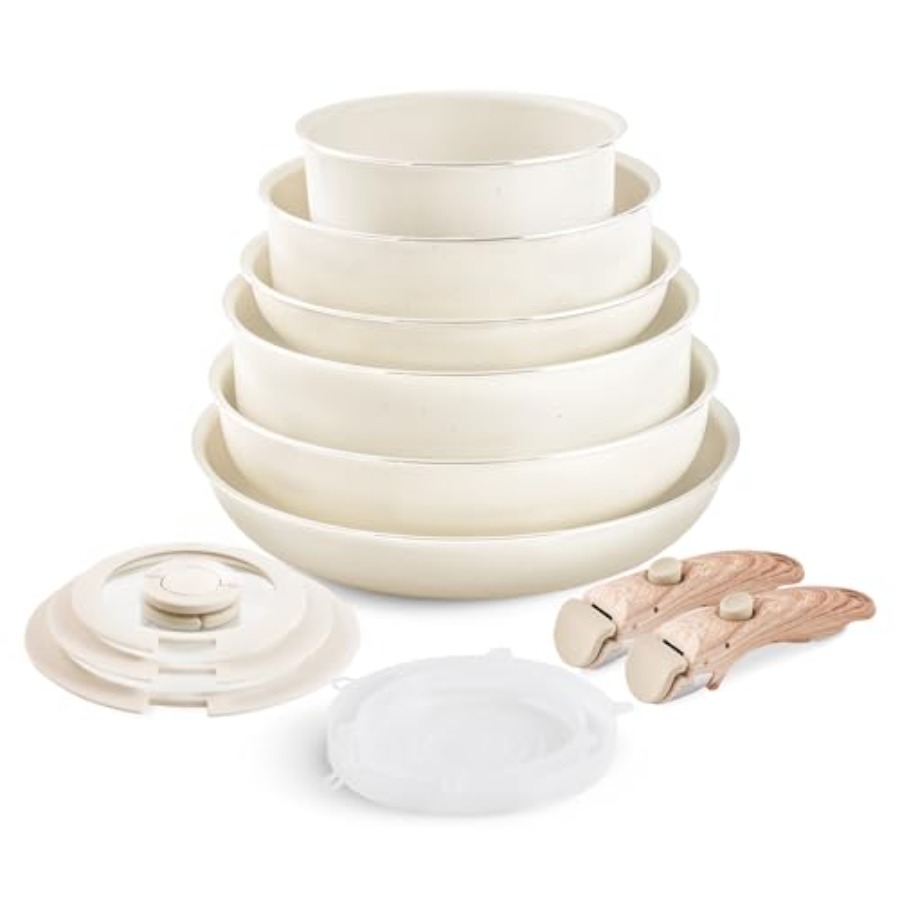 Beige Nonstick Cookware Set wi - Camping Cooking Set Detachable Handle のレビューと価格