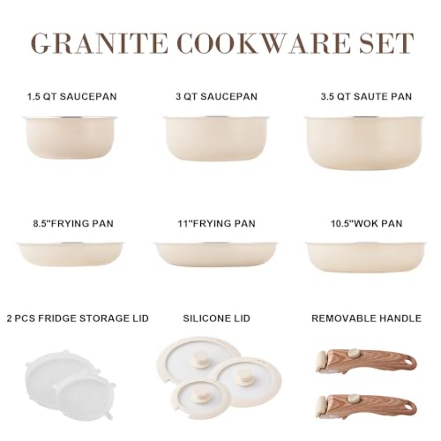 Beige Nonstick Cookware Set wi - Camping Cooking Set Detachable Handle のレビューと価格