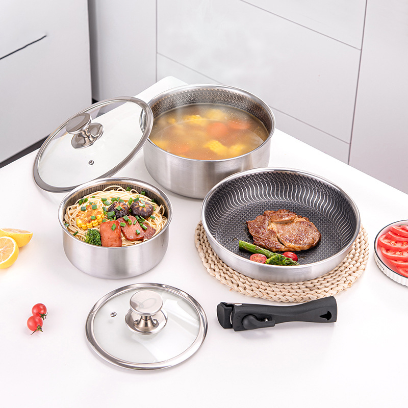 6 Pcs 3-ply Stainless Steel Co - Camping Cooking Set Detachable Handle のレビューと価格